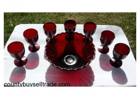 Ruby Glass Punch Bowl & Cups