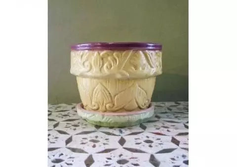 Ceramic Planter - Yellow With Pink Trim